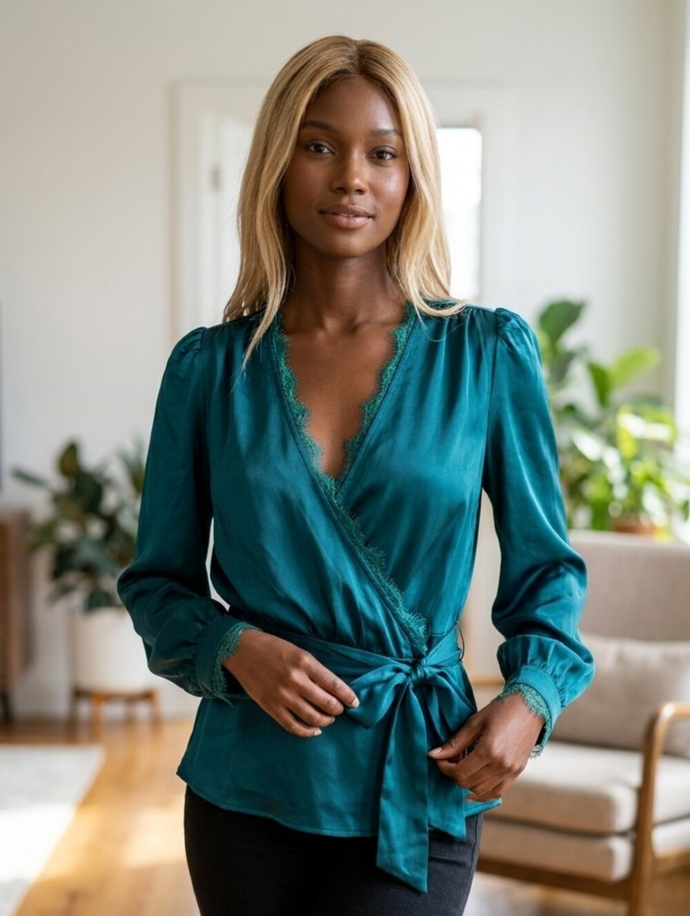 Rachel Zoe Teal Satin Fringe-Trim Wrap Top